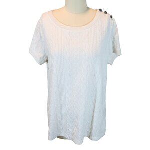 LANDS END Nautical Cable Knit Short Sleeve Anchor Button Shoulder Top Size M